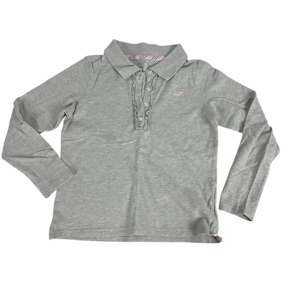 Vineyard Vines Girls Small Gray Ruffle Placket Long Sleeve Polo Shirt